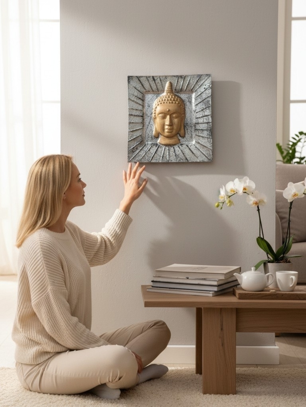 Vintage Zen Buddha Face, Square Wall Plaque Silver And Gold, Relief Art 14 × 14